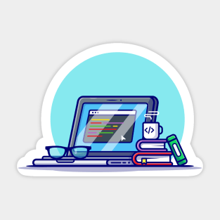 Laptop, Book, Eyeglasses And Hot Coffee Cartoon Vector Icon Illustration Sticker
